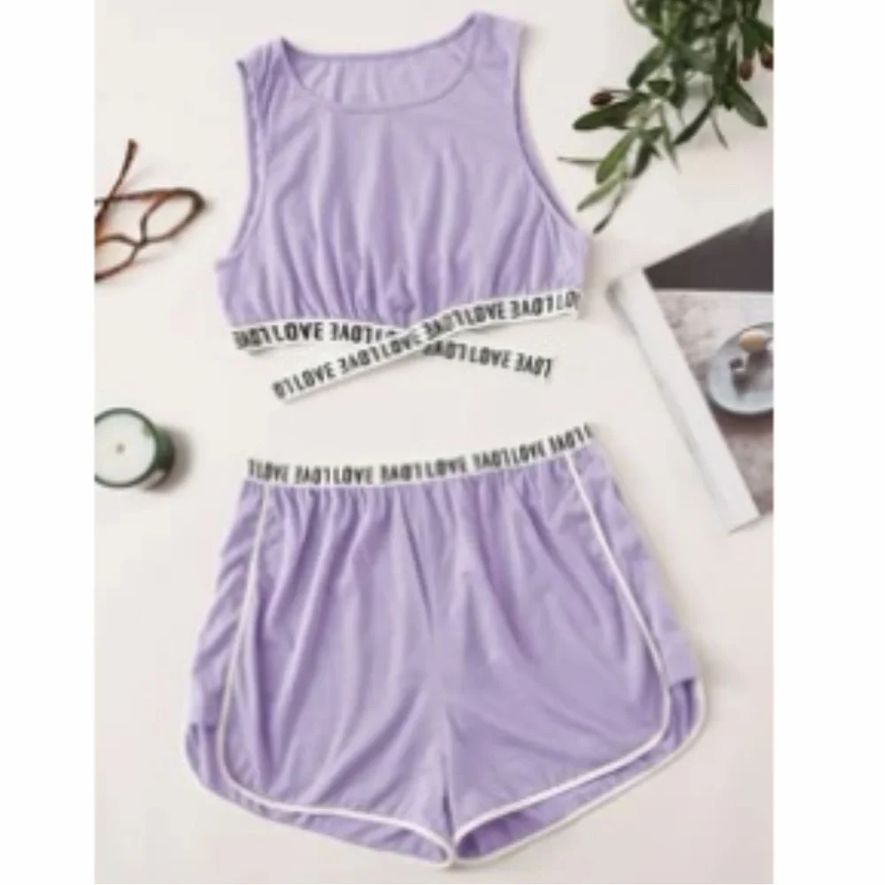 Lavender Contrast Binding Letter Tape Crop Top & Dolphin Shorts Lounge Set NWOT